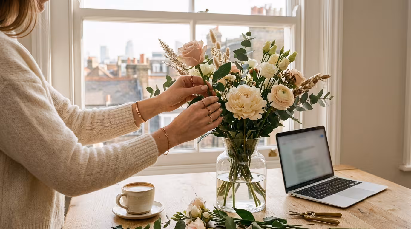 Woman preparing for the day at a bright London apartment — becoming a sugar baby in London starts with intention