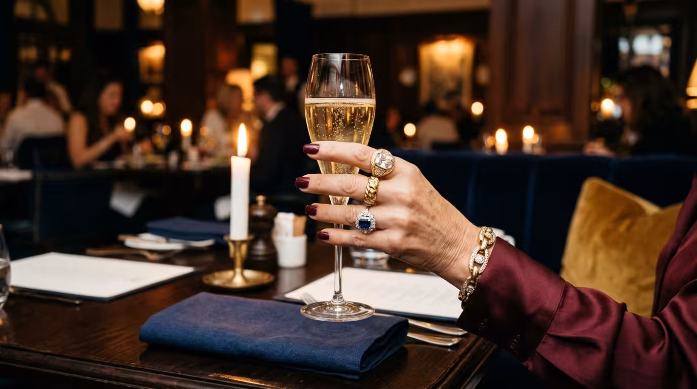 Sophisticated woman's hand with champagne — the reality of sugar mummies in London