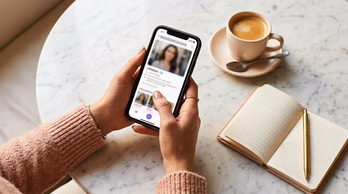 Woman curating her sugar baby profile on a smartphone — profile tips for London sugar babies